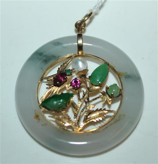 14ct gold mounted & gem set jadeite disc pendant, 1.5in.(-)